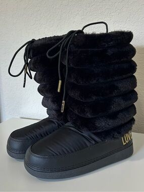 Love Moschino Black Faux Fur Quilted Mid-Calf Winter Boots